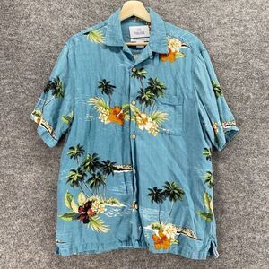 28 Palms Shirt Men M Medium Blue Hawaii Print Button Up Relaxed Linen Collared